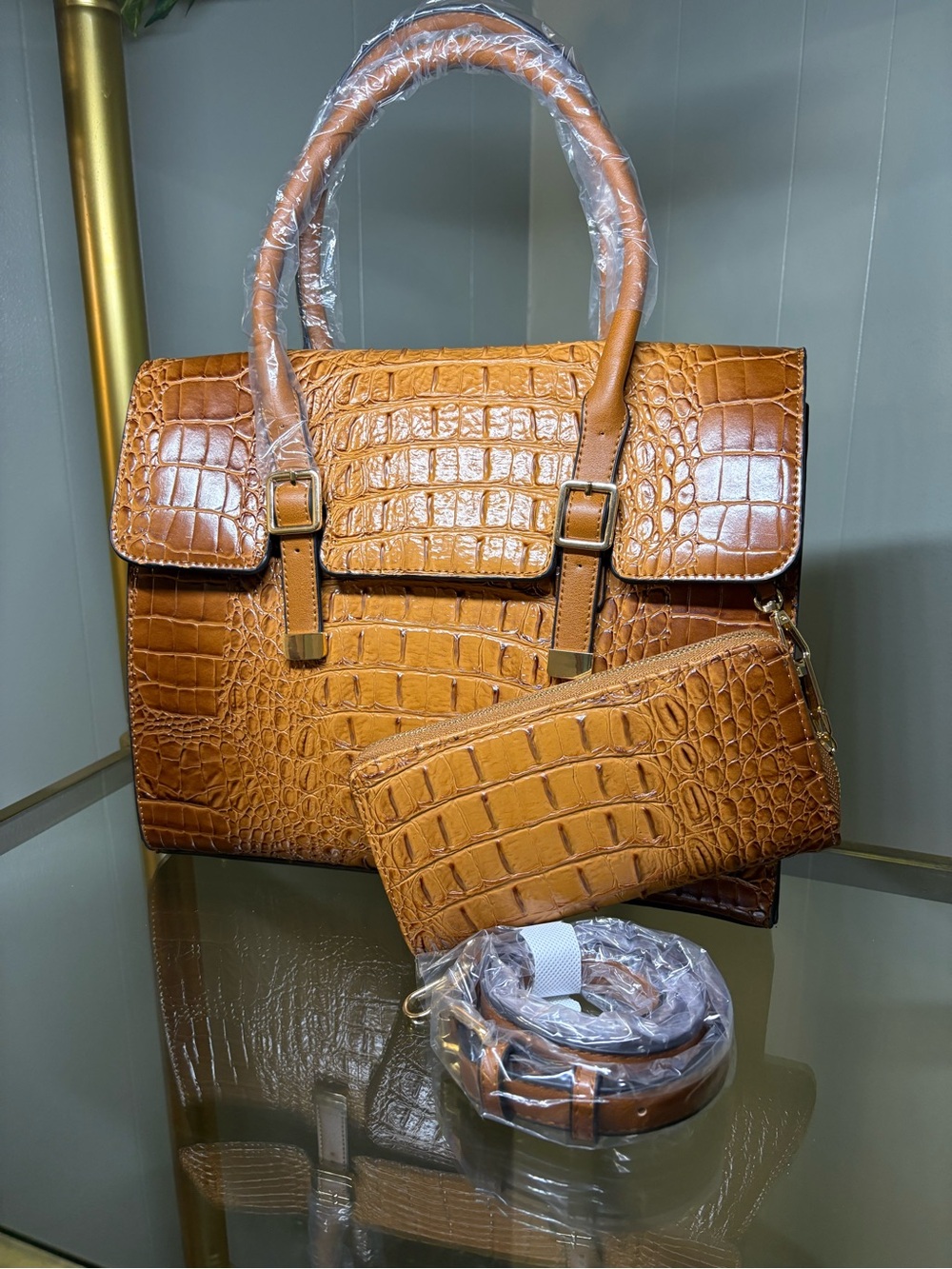 Croc-Embossed Structured Satchel in Tan
